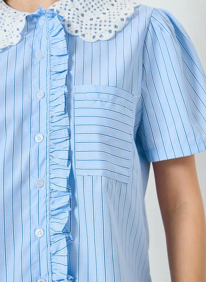 Styli Blue Striped Short Sleeve Shirt with Lace Collar